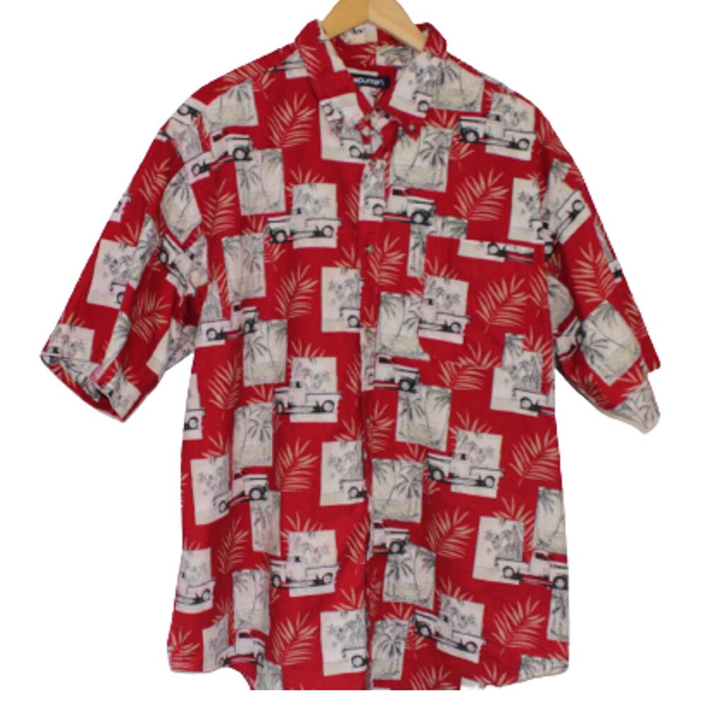 Puritan Tropical Hawaiian Shirt Men's XL Red Lighthouse Truck Flowers